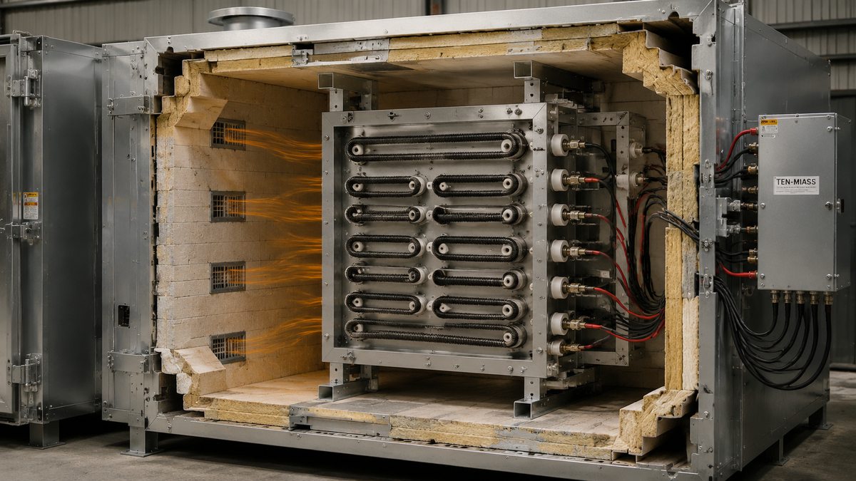Разрез промышленной сушильной камеры с блоком ТЭН 1×1 м — шесть рядов нагревательных элементов в стальной раме