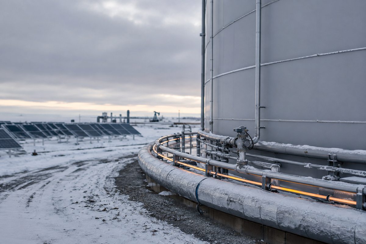 Стальной резервуар с нефтью зимой, рядом массив солнечных панелей и утеплённая обвязка теплоносителя