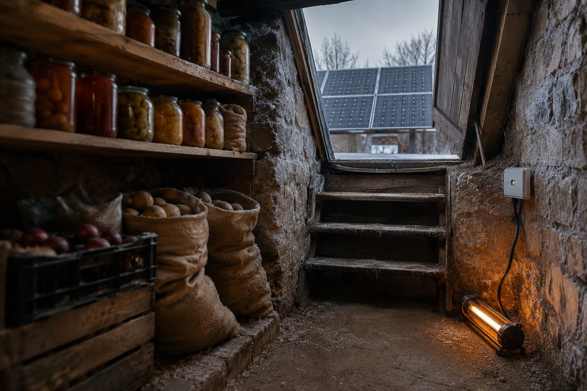 Заглублённый дачный погреб с полками заготовок и картофеля, маломощный ТЭН у люка и солнечные панели над входом