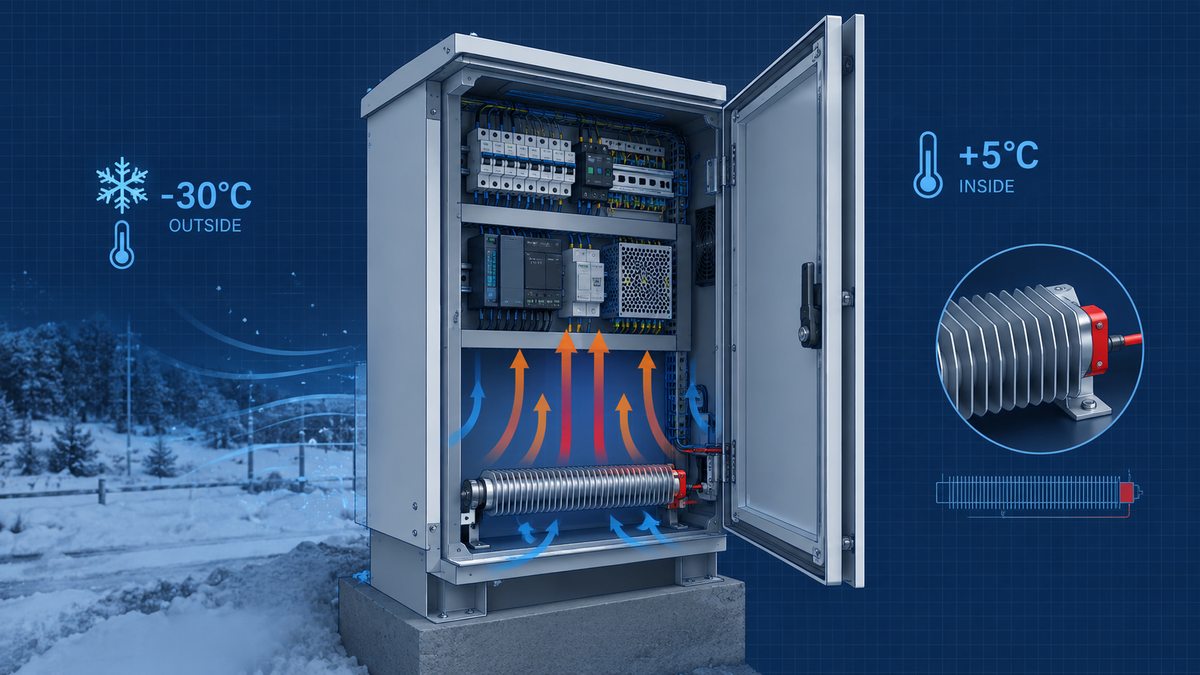 Оребрённый ТЭН в термошкафе — разрез с конвекционным потоком