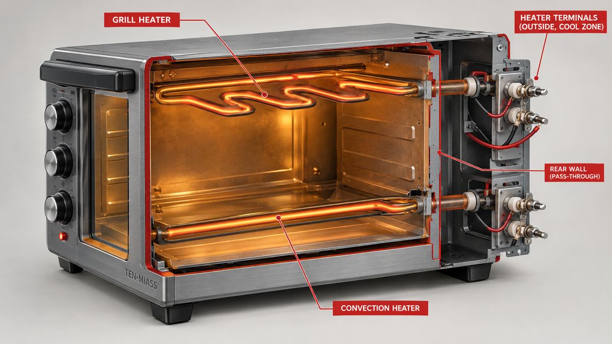 ТЭН для мини-печи Kraft KF-MO3801 в разрезе, верхний гриль-ТЭН и нижний конвекционный, контакты снаружи камеры