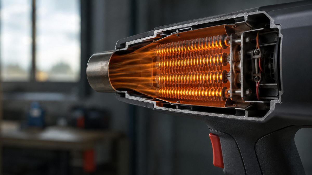 Разрез тепловой пушки: пакет оребрённых воздушных ТЭН внутри воздуховода, поток воздуха обдувает раскалённые рёбра
