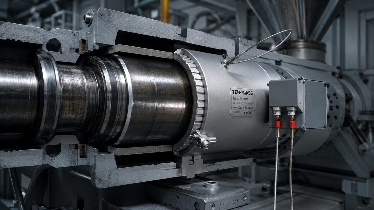 Хомутовый нагреватель TMH 232x100 на цилиндре экструдера