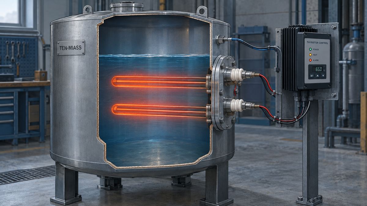 ТЭН в разрезе бака с клеммами снаружи, подключённый через тиристорный регулятор