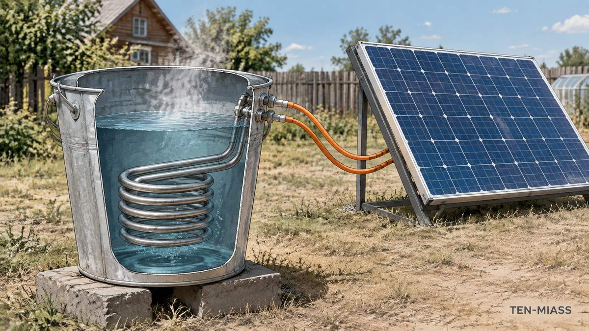 ТЭН внутри бака с водой в разрезе, питание напрямую от солнечной панели без контроллера