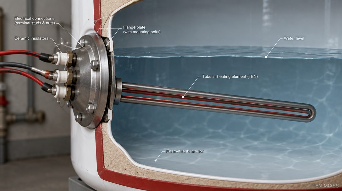 ТЭН в разрезе для водонагревателя Ariston 6 кВт на фланце бака, контакты снаружи