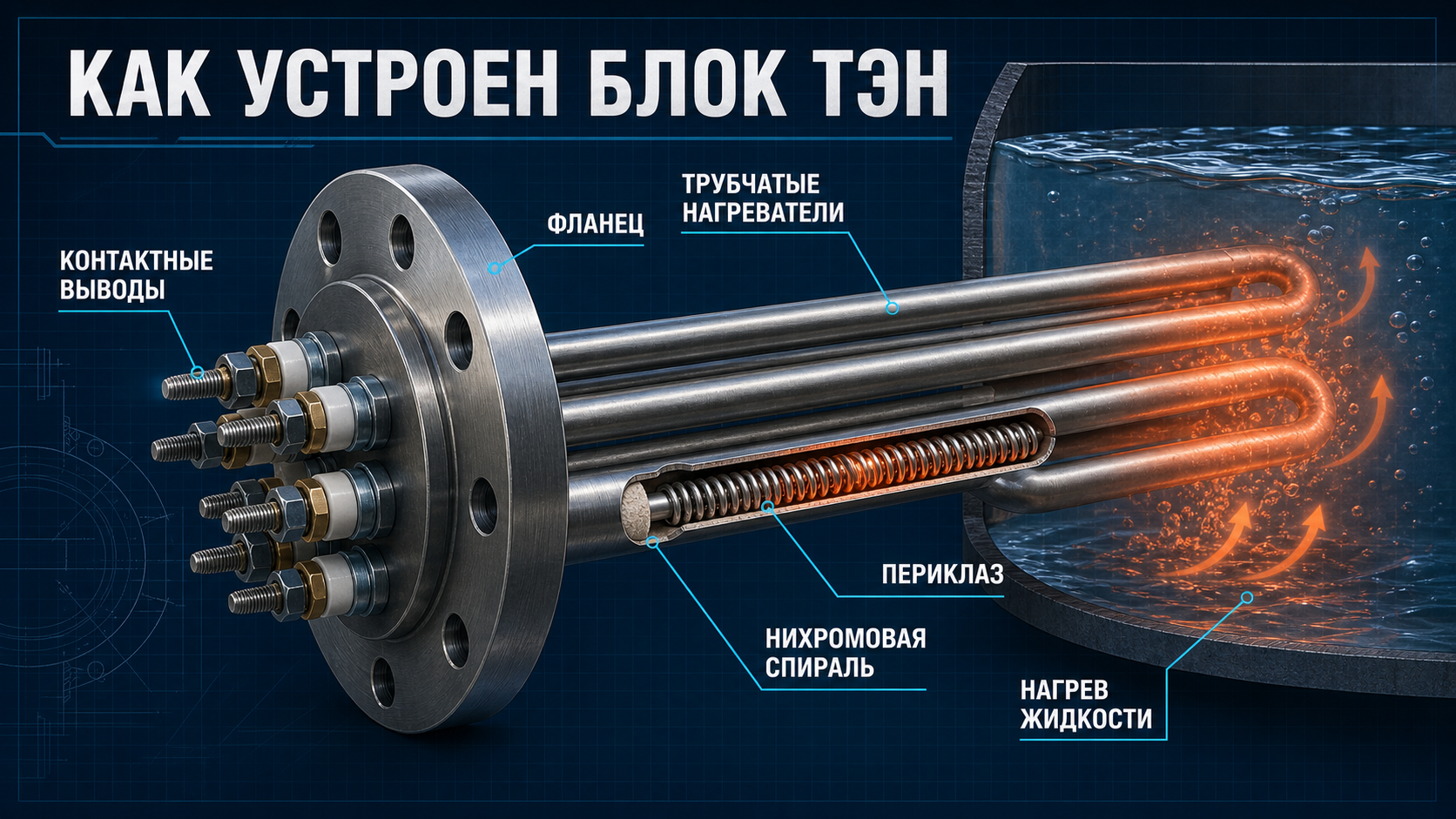 Инфографика: устройство блока ТЭНов на фланце и нагрев жидкости