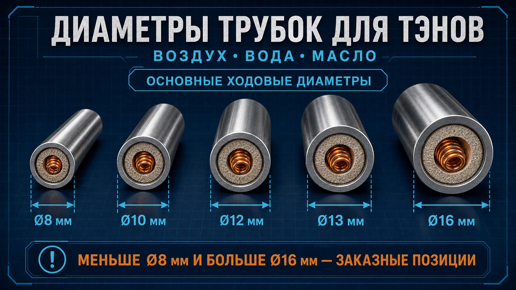 Инфографика: ходовые диаметры трубок ТЭНов 8, 10, 12, 13 и 16 мм; меньшие и большие диаметры изготавливаются на заказ