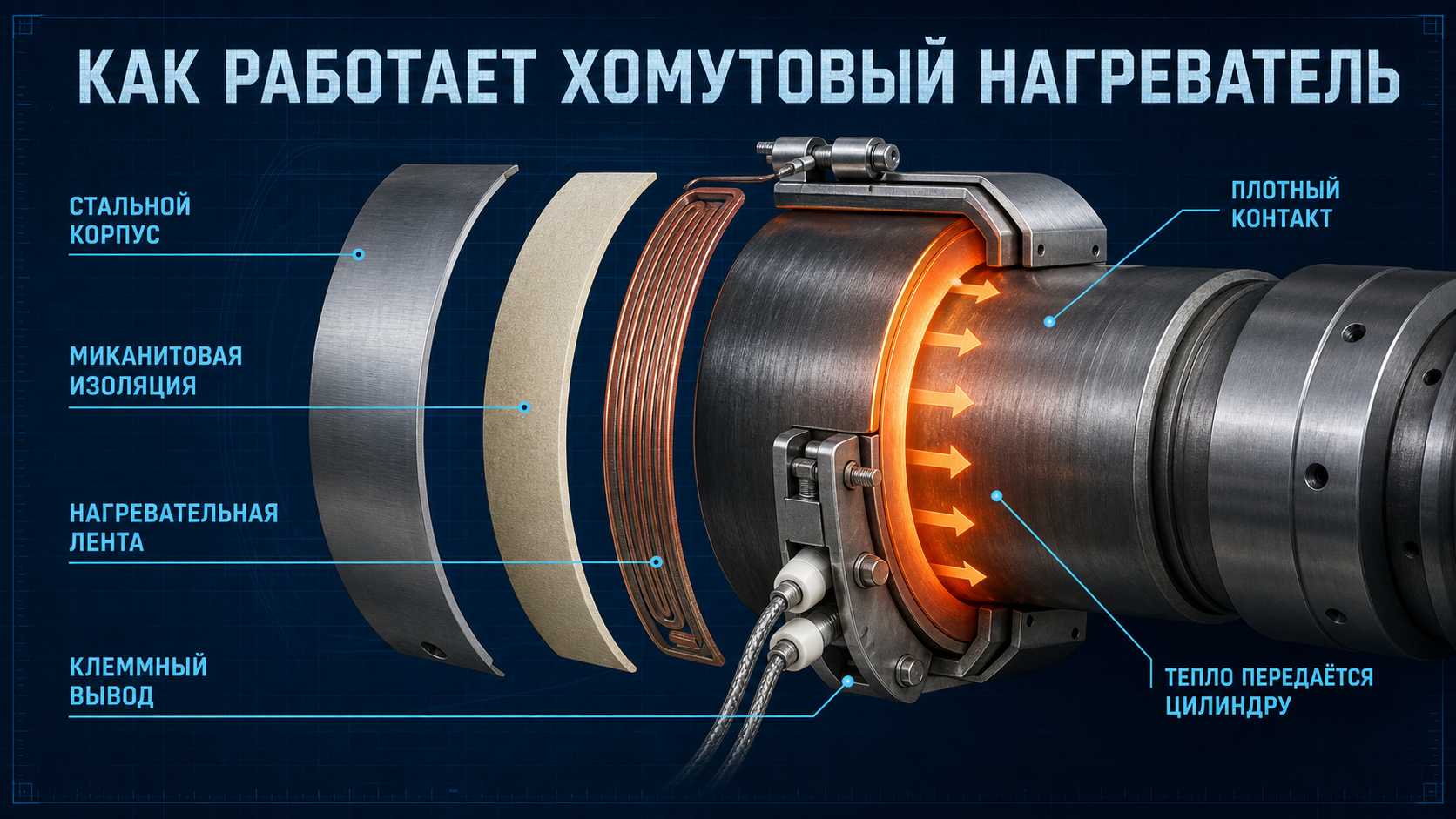 Инфографика: устройство хомутового нагревателя и передача тепла цилиндру